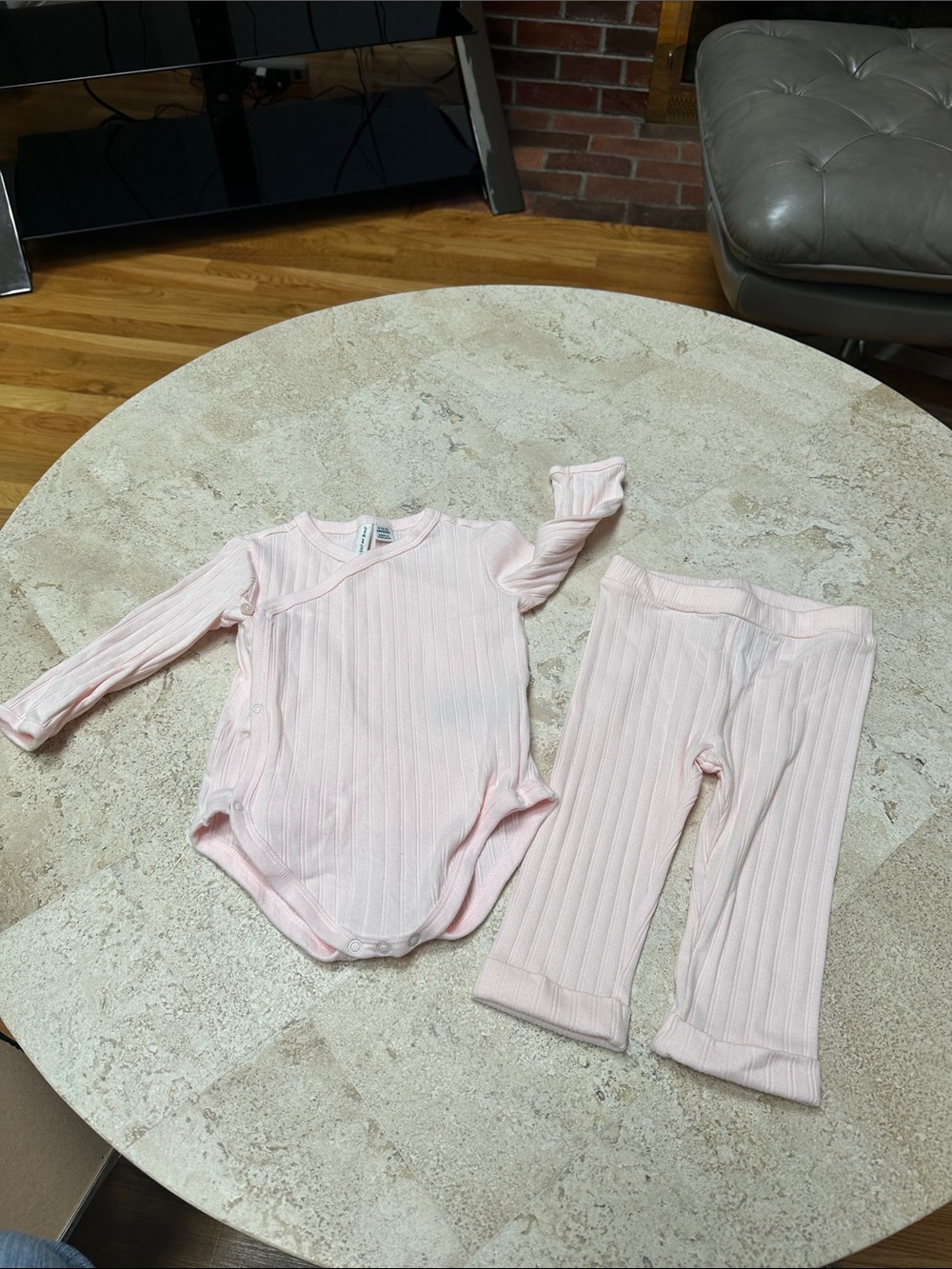 Janie and Jack Pale Pink Ribbed Kimono-Style Bodysuit Set